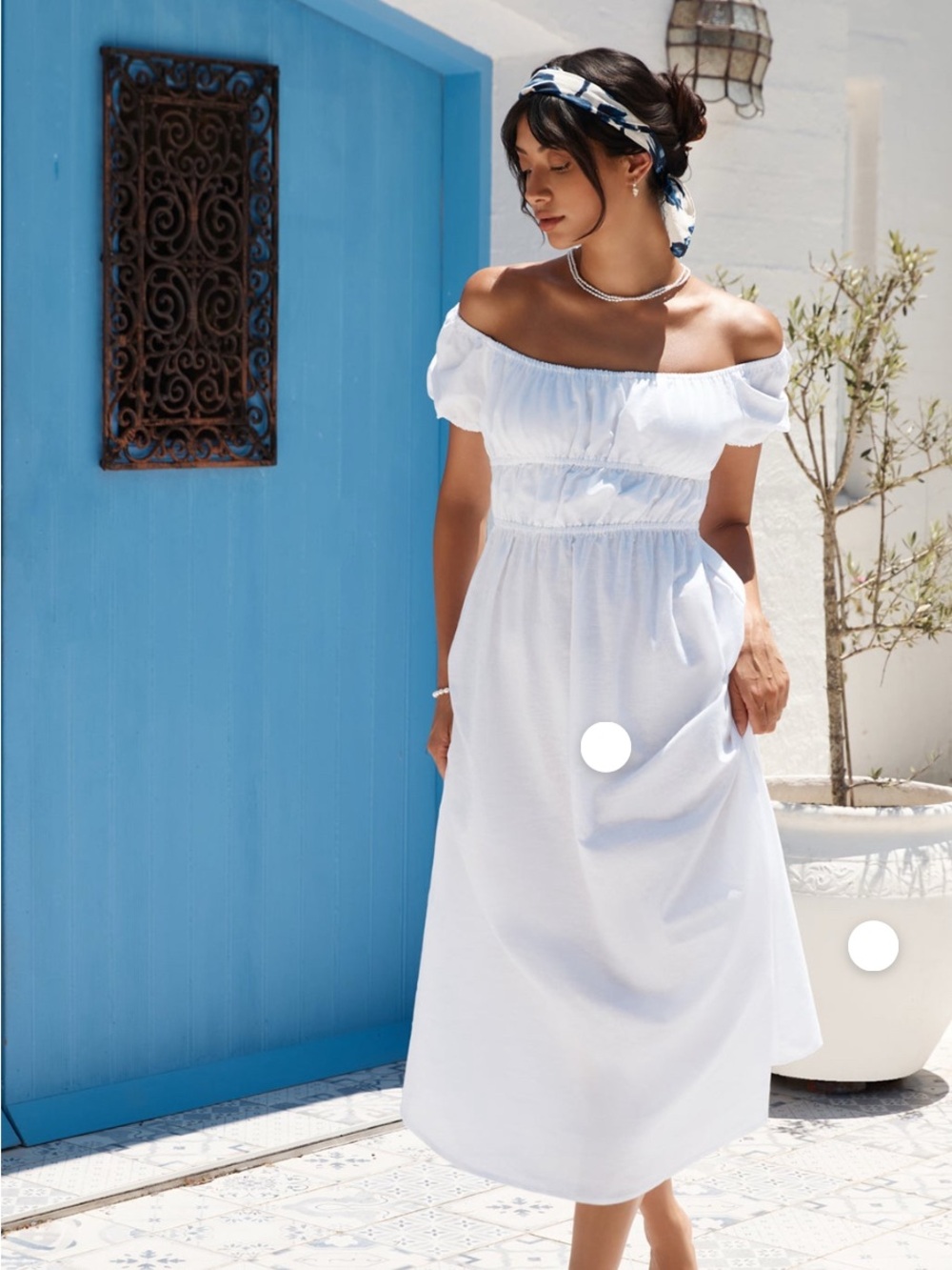 Puff Sleeve Ruched Bust  tie knot back Midi Dress - White